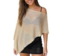 QLQLWDD Women Sheer Knit Poncho Top Asymmetrical One Shoulder Mesh Crochet Bolero Shrug Shawl Beach Cover Ups (b Khaki, L)