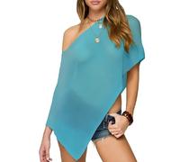 QLQLWDD Women Sheer Knit Poncho Top Asymmetrical One Shoulder Mesh Crochet Bolero Shrug Shawl Beach Cover Ups (b Blue, L)