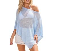QLQLWDD Women Sheer Knit Poncho Top Asymmetrical One Shoulder Mesh Crochet Bolero Shrug Shawl Beach Cover Ups (c Blue, L)