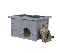 QLS Outdoor Cat House, 40 x 50 x 37 cm, Wooden with Folding Roof, 2 cm Polystyrene, Weatherproof and Winterproof, Cold Protection Curtain (Grey)