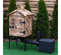 QLS Outdoor Wooden Smoker 60 cm with Firebox | Portable smoker with thermometer, deflector, and smoke pipe set. Suitable for meat, fish, and cheese up to 15 kg