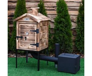 QLS Outdoor Wooden Smoker 60 cm with Firebox | Portable smoker with thermometer, deflector, and smoke pipe set. Suitable for meat, fish, and cheese up to 15 kg
