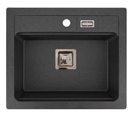 QLS YORK Granite Sink, 59 x 50 cm, 1 Basin, Built-in Sink, Black Metallic, Includes Siphon, Template, Scratch & Heat Resistant, for 60 cm Base Cabinets, Transport-Safe Packaging