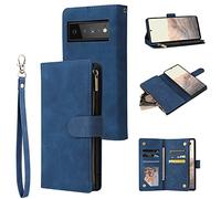 QLTYPRI Case for Google Pixel 6a, Large Capacity Leather Wallet Case 6 Card Holder & 1 Zipper Pocket Kickstand Wrist Strap Magnetic Protective Cover for Google Pixel 6a - Blue