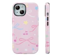 QLTYPRI Case for iPhone 15, Aesthetic Colorful Bow Cherry Stars Phone Case for Girls Women, Protective Hybrid 2-Layer Hard Shell Silicone Cover Durable Shockproof Phone Cover - Pink