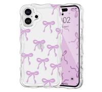 QLTYPRI Case for iPhone 16 Plus, Cute Ribbon Bow Curly Wavy Frame Clear Phone Case for Girls Women, Aesthetic Bowknot Transparent Soft Silicone TPU Bumper Shockproof Protective Cover - Purple