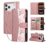 QLTYPRI Case for iPhone 17 Pro, Large Capacity Leather Wallet Case 6 Card Holder and 1 Zipper Pocket Kickstand Wrist Strap Magnetic Protective Cover for iPhone 17 Pro-Glitter Flower Rose Gold