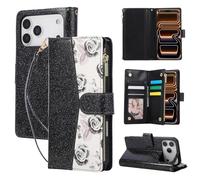 QLTYPRI Case for iPhone 17 Pro Max, Large Capacity Leather Wallet Case 6 Card Holder and 1 Zipper Pocket Kickstand Wrist Strap Magnetic Protective Cover for iPhone 17 Pro Max - Glitter Flower Black