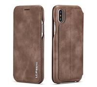 QLTYPRI Case for iPhone XS Max, Vintage Slim Magnetic Closure PU Leather Case with Stand Function & Credit Card Slot Holder Shockproof Flip Wallet Cover for iPhone XS Max - Brown