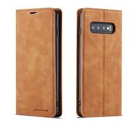 QLTYPRI Case for Samsung Galaxy S10, Premium PU Leather Cover TPU Bumper with Card Holder Kickstand Hidden Magnetic Adsorption Flip Wallet Case Cover for Samsung Galaxy S10 - Brown