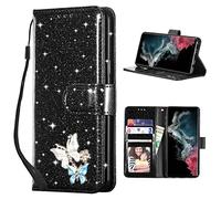 QLTYPRI Case for Samsung Galaxy S24 5G, Wallet Case Premium Glitter PU Leather TPU Bumper Card Holder [Wrist Strap] Inlaid Butterfly Diamond Flip Cover for Samsung Galaxy S24 5G - Black Butterfly