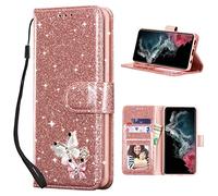 QLTYPRI Case for Samsung Galaxy S24 Ultra 5G,Wallet Case Premium Glitter PU Leather TPU Bumper Card Holder [Wrist Strap] Inlaid Butterfly Diamond Flip Cover for Galaxy S24 Ultra 5G-Rose Gold Butterfly