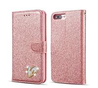QLTYPRI Wallet Case for iPhone 6/6S, Glitter PU Leather Case TPU Bumper Card Holder Kickstand Wrist Strap Inlaid Heart Diamond Flip Folio Case Cover for iPhone 6/6S - Rose Gold