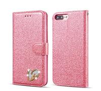 QLTYPRI Wallet Case for iPhone 7 Plus 8 Plus, Glitter PU Leather Case TPU Bumper Card Holder Kickstand [Wrist Strap] [Inlaid Heart Diamond] Flip Folio Case Cover - Pink