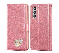 QLTYPRI Wallet Case for Samsung Galaxy S24 5G, Glitter PU Leather Case TPU Bumper Card Holder Kickstand Wrist Strap Inlaid Heart Diamond Flip Folio Cover for Samsung Galaxy S24 5G - Pink