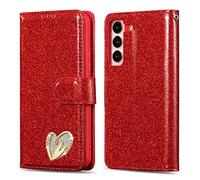 QLTYPRI Wallet Case for Samsung Galaxy S24 5G, Glitter PU Leather Case TPU Bumper Card Holder Kickstand Wrist Strap Inlaid Heart Diamond Flip Folio Cover for Samsung Galaxy S24 5G - Red