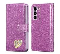QLTYPRI Wallet Case for Samsung Galaxy S24 5G, Glitter PU Leather Case TPU Bumper Card Holder Kickstand Wrist Strap Inlaid Heart Diamond Flip Folio Cover for Samsung Galaxy S24 5G - Purple