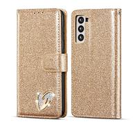 QLTYPRI Wallet Case for Samsung Galaxy S24 5G, Glitter PU Leather Case TPU Bumper Card Holder Kickstand Wrist Strap Inlaid Heart Diamond Flip Folio Cover for Samsung Galaxy S24 5G - Gold