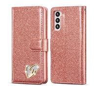 QLTYPRI Wallet Case for Samsung Galaxy S24 5G, Glitter PU Leather TPU Bumper Card Holder Kickstand Wrist Strap Inlaid Heart Diamond Flip Folio Cover for Samsung Galaxy S24 5G - Rose Gold