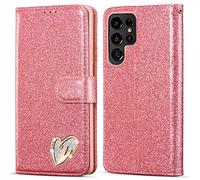 QLTYPRI Wallet Case for Samsung Galaxy S24 Ultra 5G, Glitter PU Leather Case TPU Bumper Card Holder Kickstand Wrist Strap Inlaid Heart Diamond Flip Folio Cover for Samsung Galaxy S24 Ultra 5G - Pink