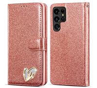 QLTYPRI Wallet Case for Samsung Galaxy S24 Ultra 5G, Glitter PU Leather TPU Bumper Card Holder Kickstand Wrist Strap Inlaid Heart Diamond Flip Folio Cover for Samsung Galaxy S24 Ultra 5G - Rose Gold