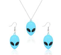 QLUYCKW Alien Earrings for Women Personalized Cute Funny Cartoon Space UFO Dangle Drop Weird Earrings Alien Head Charm Necklace Alien Jewerly Set Halloween Gifts, Metal, No Gemstone