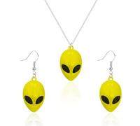 QLUYCKW Alien Earrings for Women Personalized Cute Funny Cartoon Space UFO Dangle Drop Weird Earrings Alien Head Charm Necklace Alien Jewerly Set Halloween Gifts, Metal, No Gemstone