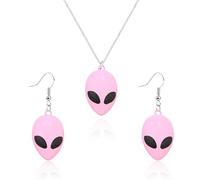 QLUYCKW Alien Earrings for Women Personalized Cute Funny Cartoon Space UFO Dangle Drop Weird Earrings Alien Head Charm Necklace Alien Jewerly Set Halloween Gifts, Metal, No Gemstone
