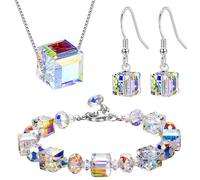QLUYCKW Austrian Crystal Cube Earrings Necklace Bracelet Set Handmade Exquisite Chic Clear Square Rhinestone Silver Plated Ice Earrings Necklace Bracelet Birthday Fashion Jewelry, M, Alloy Steel