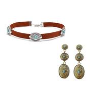 QLUYCKW Boho Turquoise Choker Necklace Earrings Set for Women Vintage Western Style Velvet Turquoises Pendant Necklace Bohemian Carved Texture Oval Flowers Earrings Cowboy Statement Jewelry, M, Alloy