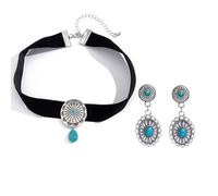 QLUYCKW Boho Turquoise Choker Necklace Earrings Set for Women Vintage Western Style Velvet Turquoises Pendant Necklace Bohemian Carved Texture Oval Flowers Earrings Cowboy Statement Jewelry, M, Alloy