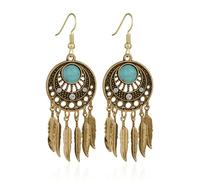 QLUYCKW Boho Turquoise Drop Earrings Retro Long Copper Feather Tasse Metal Leaf Dangle Earrings Vintage Country Western Jewelry Cowgirl Ethnic Style Geometric Concert Festival Accessories for Women