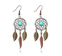 QLUYCKW Boho Turquoise Drop Earrings Retro Long Copper Feather Tasse Metal Leaf Dangle Earrings Vintage Country Western Jewelry Cowgirl Ethnic Style Geometric Concert Festival Accessories for Women, M
