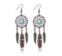 QLUYCKW Boho Turquoise Drop Earrings Retro Long Copper Feather Tasse Metal Leaf Dangle Earrings Vintage Country Western Jewelry Cowgirl Ethnic Style Geometric Concert Festival Accessories for Women, M