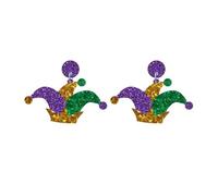QLUYCKW Colorful Mardi Gras Earrings Acrylic Shining Letters Crown Mask Tassel Layered Leaf Shaped Leather Teardrop Dangling Stud Earrings Carnival Cosplay Theme Glitter Jewelry Accessories for Women