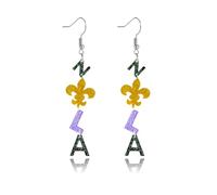 QLUYCKW Colorful Mardi Gras Earrings Acrylic Shining Letters Crown Mask Tassel Layered Leaf Shaped Leather Teardrop Dangling Stud Earrings Carnival Cosplay Theme Glitter Jewelry Accessories for Women