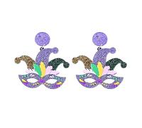 QLUYCKW Colorful Mardi Gras Earrings Acrylic Shining Letters Crown Mask Tassel Layered Leaf Shaped Leather Teardrop Dangling Stud Earrings Carnival Cosplay Theme Glitter Jewelry Accessories for Women