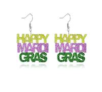 QLUYCKW Colorful Mardi Gras Earrings Acrylic Shining Letters Crown Mask Tassel Layered Leaf Shaped Leather Teardrop Dangling Stud Earrings Carnival Cosplay Theme Glitter Jewelry Accessories for Women