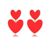 QLUYCKW Double Love Heart Drop Earrings for Women Tiny Small Sweet Cute Heart Drop Earrings Double Red Love Heart Drop Earrings, Zinc, No Gemstone