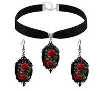 QLUYCKW Gothic Rose Flower Glass Necklace Earring Set for Women Vintage Punk Victorian Dark Red Roses Flower Black Velvet Choker Necklace Halloween Cosplay Party Accessories Jewelry, M, Alloy Steel
