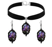QLUYCKW Gothic Rose Flower Glass Necklace Earring Set for Women Vintage Punk Victorian Dark Red Roses Flower Black Velvet Choker Necklace Halloween Cosplay Party Accessories Jewelry, M, Alloy Steel