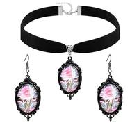 QLUYCKW Gothic Rose Flower Glass Necklace Earring Set for Women Vintage Punk Victorian Dark Red Roses Flower Black Velvet Choker Necklace Halloween Cosplay Party Accessories Jewelry, M, Alloy Steel