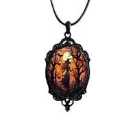 QLUYCKW - Halloween Themed Crystal Pendant Necklace for Women Gothic Raven Bat Cross Moon Forest Witch Cameo Mystery Pendant Party Jewelry, Zinc, No Gemstone