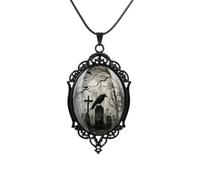 QLUYCKW - Halloween Themed Crystal Pendant Necklace for Women Gothic Raven Bat Cross Moon Forest Witch Cameo Mystery Pendant Party Jewelry