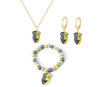 QLUYCKW Mardi Gras Necklace Earring Bracelet Set for Women Carnival Crown Mask Hat Pendant Necklace Purple Green Gold Beaded Stretch Bracelets Carnival Holiday Charm Accessory Jewelry, M, Alloy Steel
