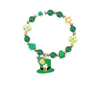 QLUYCKW St.Patrick's Day Bracelet Charm Handmade Green Leaf Hat LUCK Pearl and Crystal Beaded Stretch Bracelet Irish Holiday Lucky Shamrock Costume Bangles Festival Party Jewelry Gifts, M, Zinc, no