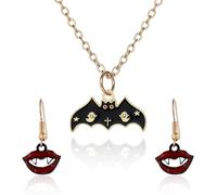 QLUYCKW Witches Necklaces Magic Broom Earrings Halloween Jewelry Set for Woman Cute Halloween Count Dracula Castle Cosplay Ghost Moon Bat Enamel Earrings Necklace Set, Metal, No Gemstone