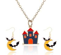 QLUYCKW Witches Necklaces Magic Broom Earrings Halloween Jewelry Set for Woman Cute Halloween Count Dracula Castle Cosplay Ghost Moon Bat Enamel Earrings Necklace Set, Metal, No Gemstone