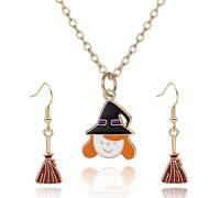 QLUYCKW Witches Necklaces Magic Broom Earrings Halloween Jewelry Set for Woman Cute Halloween Count Dracula Castle Cosplay Ghost Moon Bat Enamel Earrings Necklace Set, Metal, No Gemstone