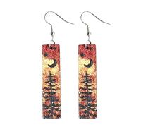 QLUYCKW Wooden Night Forest Earrings Handmade Bohemian Colorful Vintage Nature Lightweight Geometric Bar Star Moon Tree Printed Wood Dangle Drop Earring for Women Girls Statement Jewelry Gifts, Wood